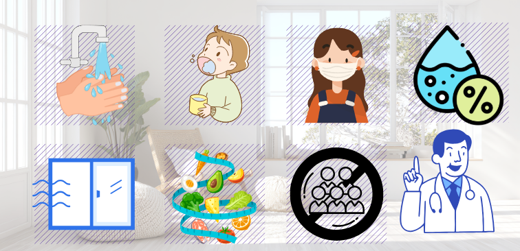 インフルエンザ　予防　対策　手洗い　うがい　マスク　換気　湿度　人混みを避ける　免疫力アップ