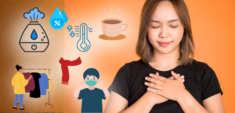 寒暖差アレルギー 咳を和らげる 対策 室温 湿度 首回りの保温 マスク 水分補給