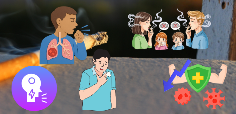 喫煙や副流煙により気道の炎症が悪化し、喘息を引き起こしやすい状態になったり、ほこりやウイルスを排除する防御機能が低下している例