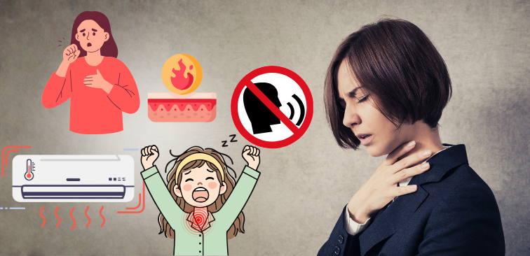 乾燥した空気が、喉や気道の粘膜を直接刺激し、咳や痛みを引き起こしやすい状態をつくっており、特に冷暖房の効いた室内では湿度が下がりやすく、気道のバリア機能が低下しやすくなっているイメージ