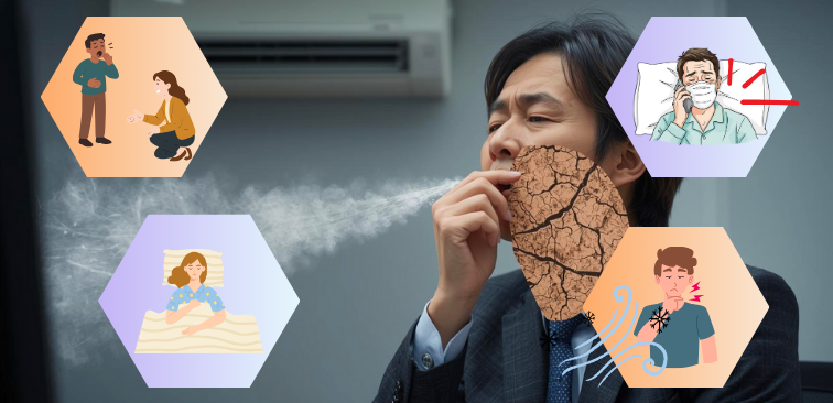 会話の最初だけ咳が出て、その後は落ち着いて話せる様子を表したイメージ