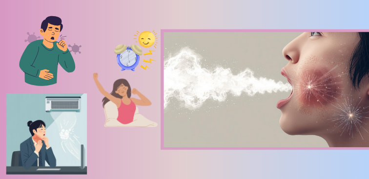 話し始めの強い呼気が喉や気道を刺激し、咳が出やすくなる仕組みを示した図