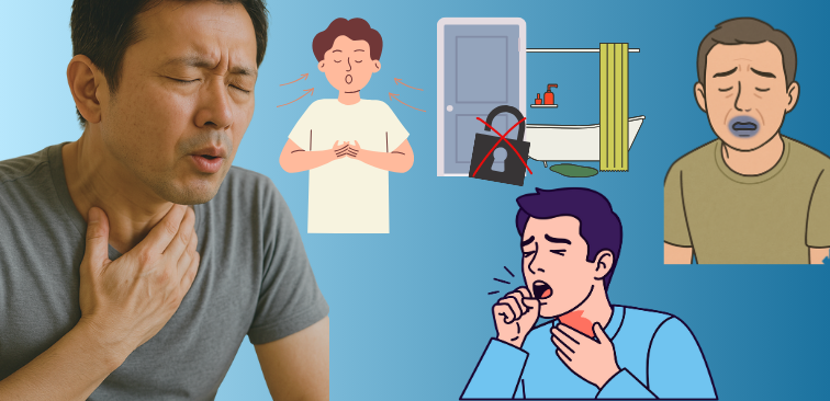 入浴中の咳や息苦しさへの呼吸法などの対処法と唇青紫色などの危険サインの紹介と浴室施錠なしなどの家族ととるべき連携について