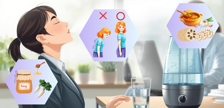 話す前の呼吸法や水分補給など、喋り始めの咳を軽減する生活上の工夫を表したイメージ