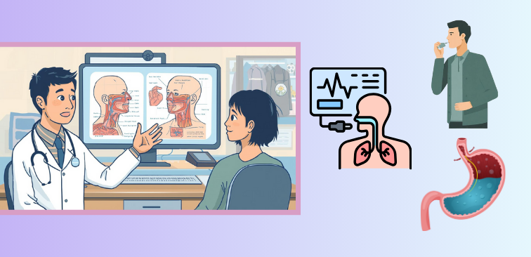 呼吸器内科で行われる検査を通して喋ると咳が出る原因を調べている様子