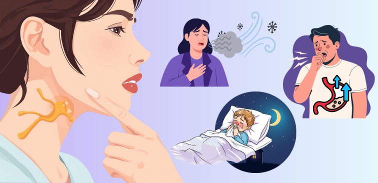 喋ると咳が出る原因として考えられる咳喘息、後鼻漏、胃食道逆流症の関係を示した図