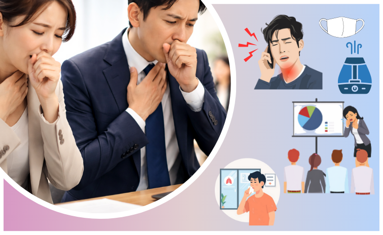喋ると咳が出る症状に悩み、話し始めた瞬間に咳き込んで困っている人物のイメージ