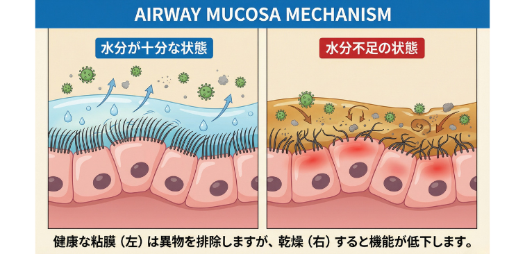 体内の水分が不足している時と水分が十分な時、気道の表面にある「粘液層」と線毛の動きの差を表した図解