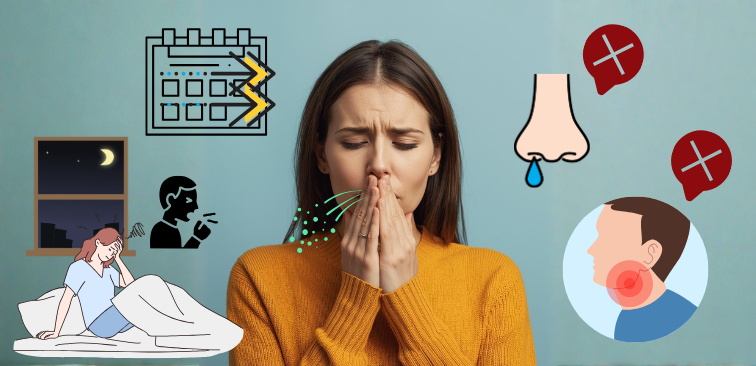 結核での咳の症状である2週間以上続く咳、夜間や明け方に出る咳により眠りが浅くなる、喉の痛みや鼻水などの症状がないことを表したイメージ