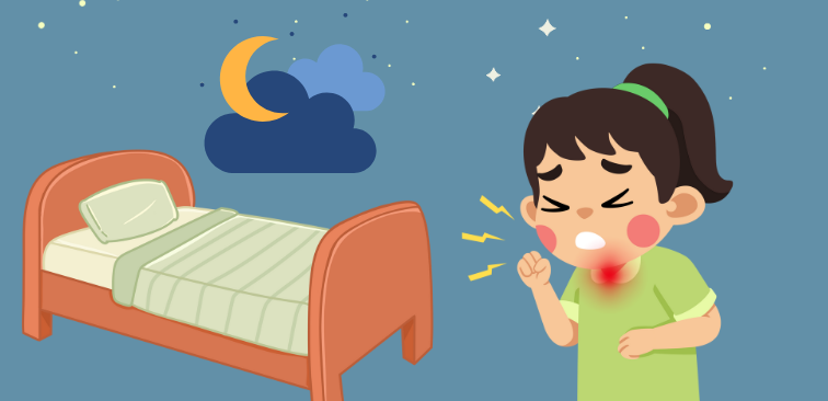 犬が吠えるような乾いた咳(犬吠様咳嗽)をしている子どもの様子を表したイラスト