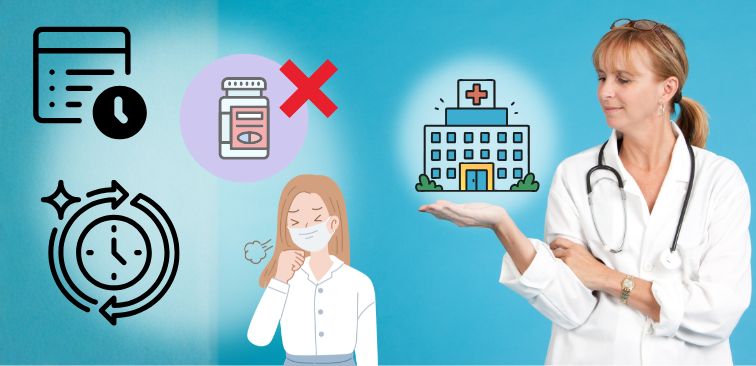 結核の判断材料である2週間以上続く咳、市販薬を使っても変化がないなどの症状が見受けられる際は医療機関への相談がのぞましいことを表現したイメージ