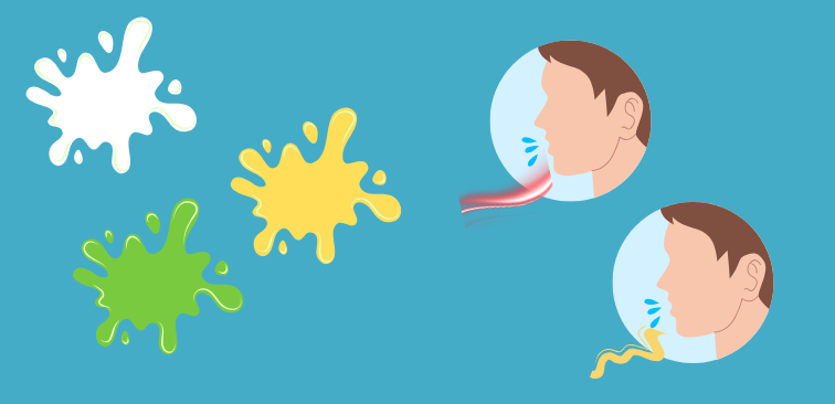 痰の色や性状（透明・白色・黄色・緑色・粘度）の違いを示したイラスト図解