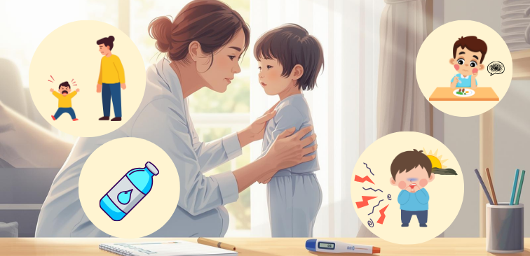 呼吸が苦しそうでないか、食欲はあるか、水分を摂れているか、機嫌はどうかなど登園判断のチェックポイントを表したイメージ