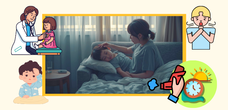 登園を控えた方がいいサインとして、呼吸が苦しそう、ぐったりしている、ぼんやりしているなどを表したイメージ