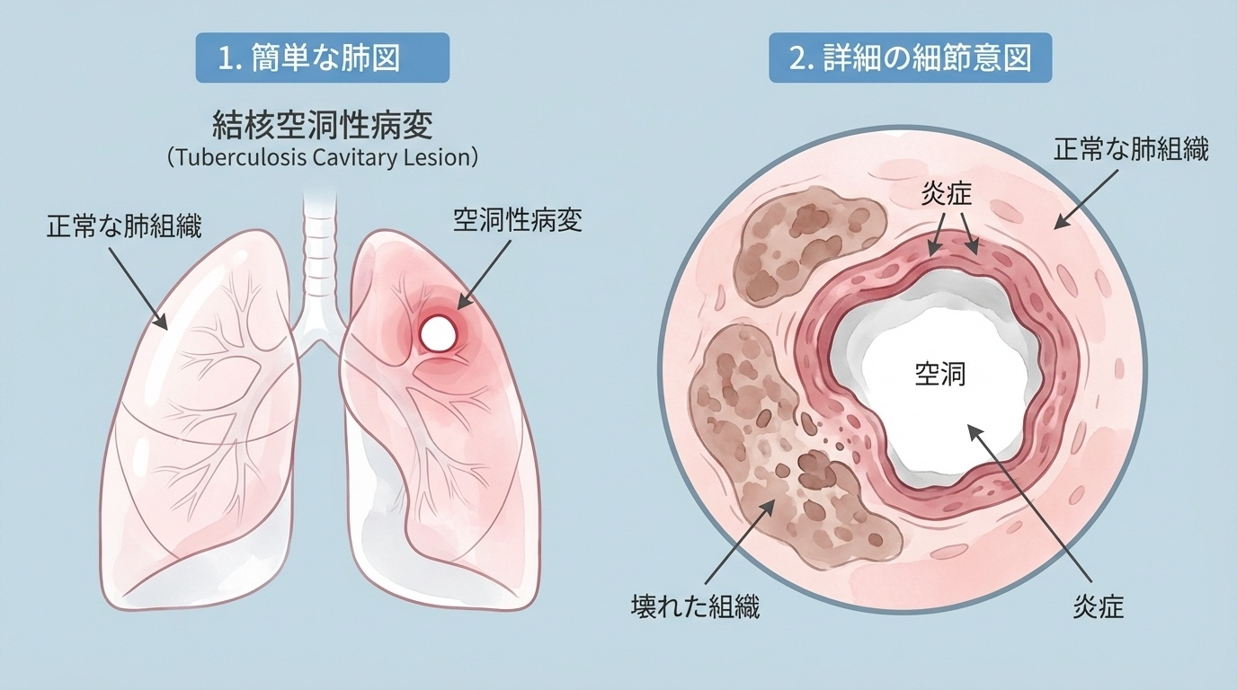 正常な肺と結核で見られることがある空洞性病変を表した図解