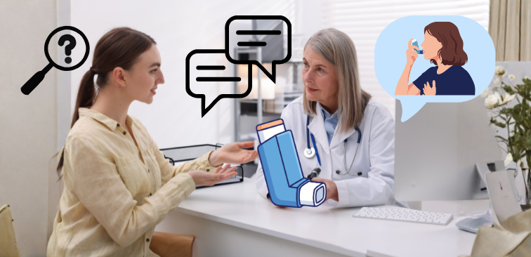 呼吸器内科で喘息と痰の治療を受ける患者と医師の診察風景