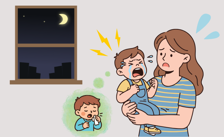 夜間に犬吠様の咳が出て苦しそうな子どもと心配そうに見守る保護者のイラスト（クループ症候群の咳