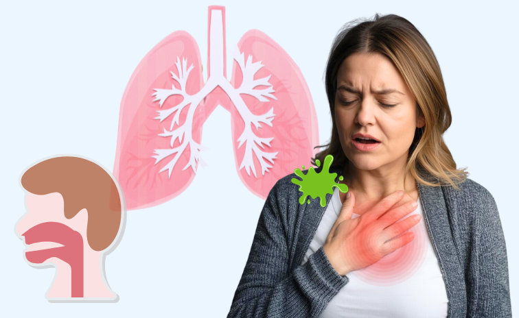 喘息による痰の絡みと息苦しさに悩む患者のイメージと気道イラスト