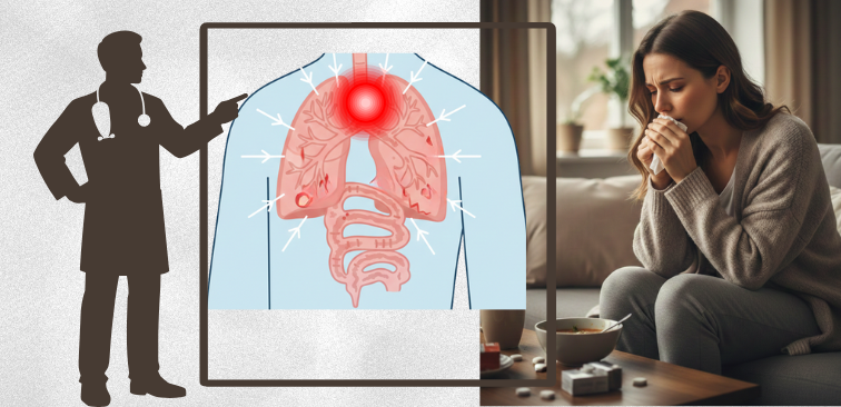 百日咳では抗菌薬を飲んでも気道の炎症や過敏性が残り、咳が続くことを示す図解