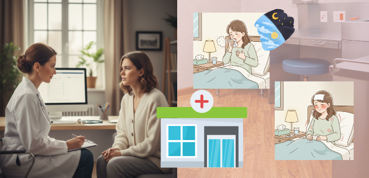 百日咳で咳が長引き、再受診について医師に相談している患者のイメージ