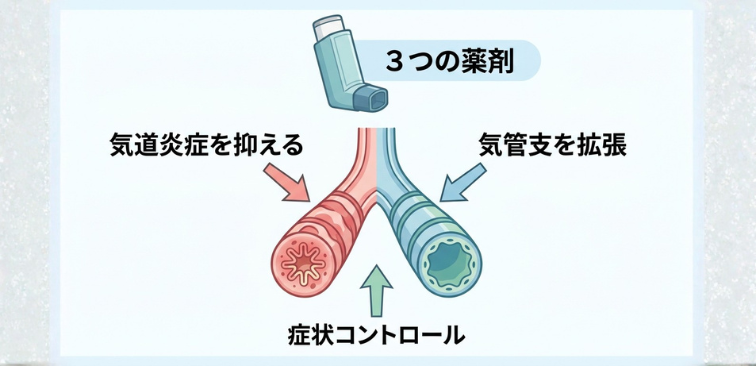 エナジアの3つの薬剤を一度に吸入することを表した図解