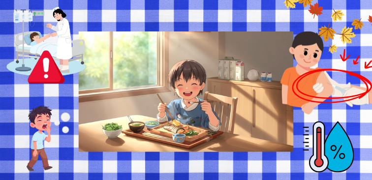 家庭でできるインフルエンザの予防として予防接種、規則正しい生活による免疫力アップ、栄養のある食事、湿度管理などを表したイメージ