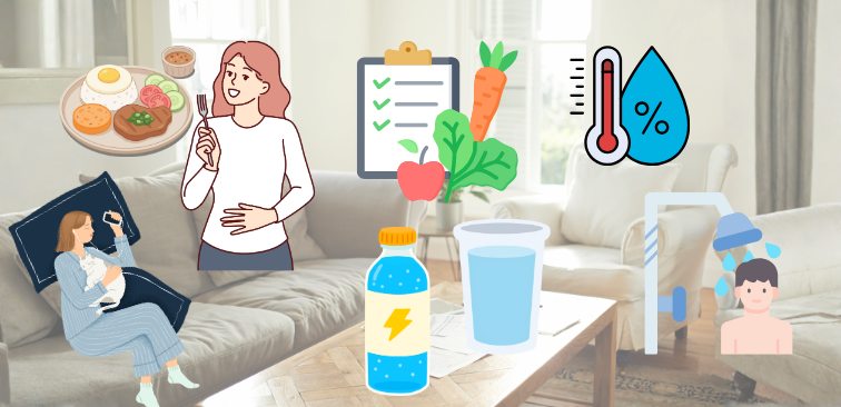 鼻水と咳は自然に治癒する事もあり、自宅療養中に行うとよい十分な睡眠、水分補給、部屋の湿度管理、栄養面のサポート、体力の消耗を避けるためシャワーにとどめるなどの具体例の紹介