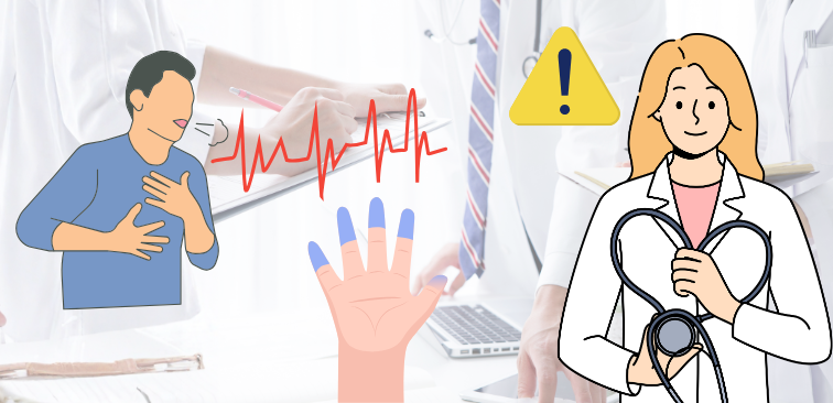 今すぐ病院に行くべき危険なサインとして呼吸数の多さやチアノーゼなどがあることを示したイメージ