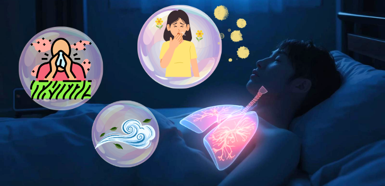 花粉による鼻づまりや冷気や乾燥により夜間に損息が悪化している様子。