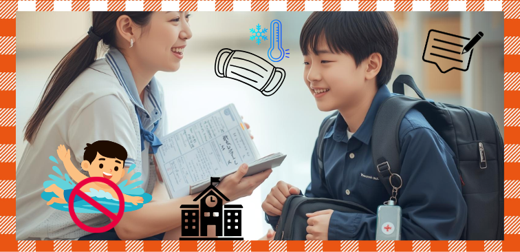 喘息の子どもが安心して園や学校で過ごすために連絡帳を利用し体調などを伝える、リスクのある活動に関して連携するなどをが大事というイメージ