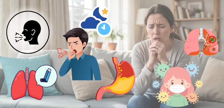 鼻水を都の舞う咳に隠れている可能性のある病気として咳喘息、喘息、胃食道逆流症、マイコプラズマ肺炎などがあることを示したイメージ