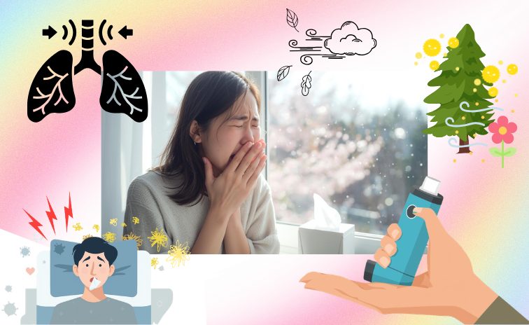 花粉症シーズンに喘息が悪化している様子とその原因のイメージ