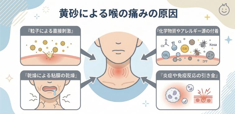 黄砂による喉の痛みの原因を示した図解