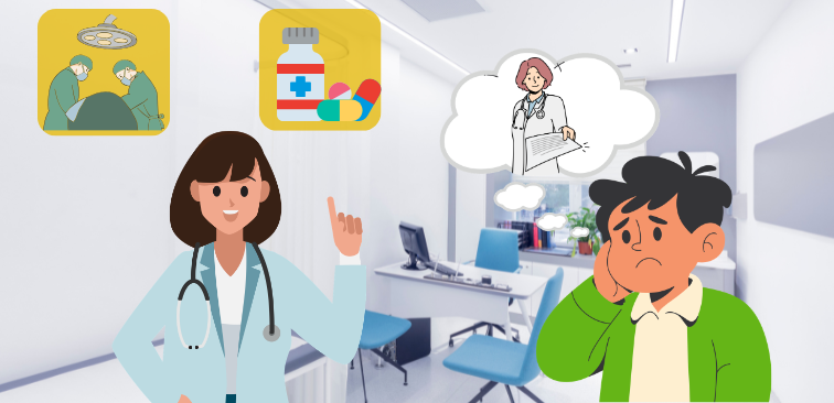 セカンドオピニオンの説明として、現在かかっている医療機関とは別の医師に、診断や治療方針について意見を聞き、治療を選択している様子を表したイメージ