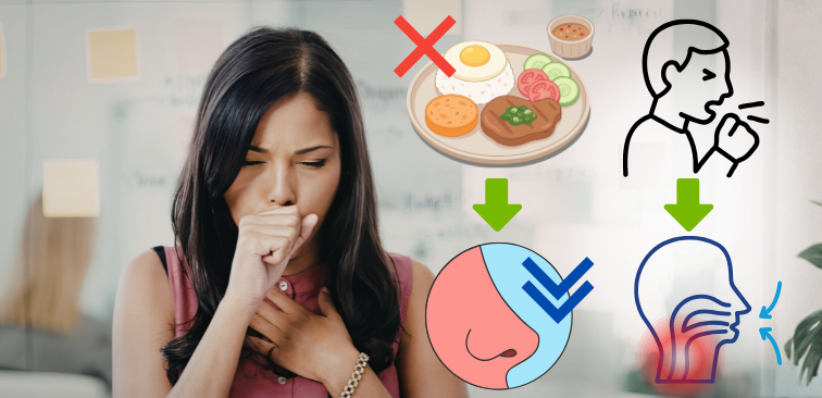 味がしない原因の１つとして嗅覚の低下、長引く咳の原因には気道の粘膜に残る炎症があることを示したイメージ