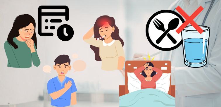 咳や味覚異常の受診の目安として、長引く咳、高熱、胸痛、眠れない、食事や水分が十分にとれないなどを示したイメージ