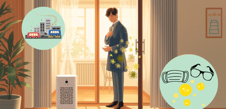 マスク・眼鏡等の外出先での花粉対策や、室内に花粉を持ち込まない方法等を表したイメージ