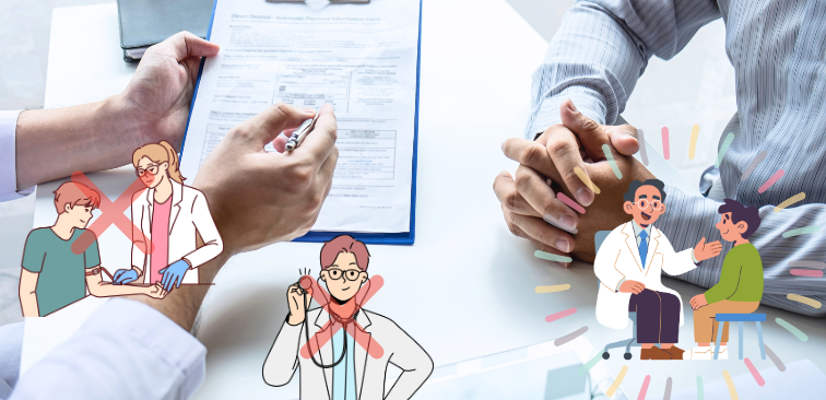 セカンドオピニオンは、初診と異なる点として、診察や治療は行われず、主治医が作成した紹介状や検査結果を確認し、それをもとに医学的な見解の説明を受けることを示したイメージ