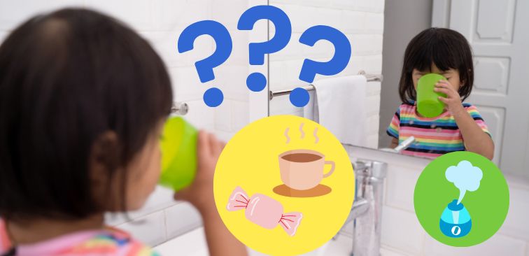 黄砂による喉の痛みに対してうがいや水分補給、のど飴、加湿などを提案しているイメージ