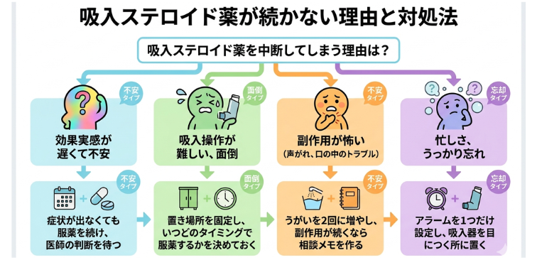 吸入ステロイドを中断してしまう４つのタイプと理由のフローチャート
