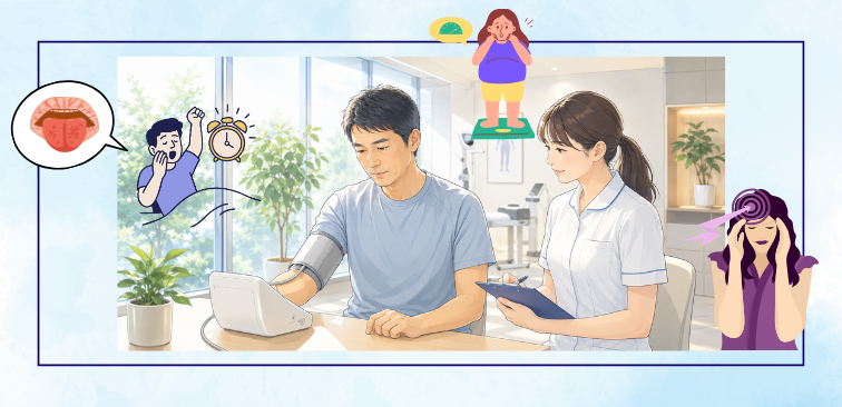 見逃されやすい睡眠時無呼吸症候群による体のサインとして、寝起きの口の渇き、喉の違和感、頭痛などの例