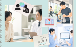 咳が１ヵ月も止まらない時の原因の見分け方と受診先の考え方を示したイメージ