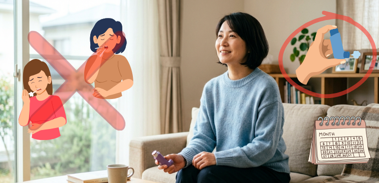 喘息の吸入ステロイドは効果が分からないと続けるのが苦痛なため、効果の目安や評価の仕方と変えることで継続しやすくなることを示したイメージ