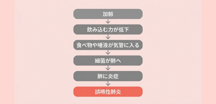 誤嚥性肺炎が起こるメカニズムの図解