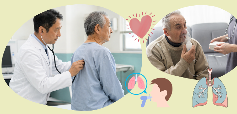 高齢者に多い咳の原因として、COPD、誤嚥性肺炎、喘息、心不全などの示したイメージ