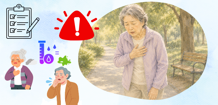 危険な咳を見分けるサインとして、息苦しさと伴う咳、痰の色の変化、急に咳が増えたなどのポイントを示したイメージ