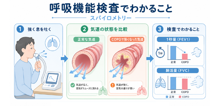 気道の状態をスパイロメトリーで検査する流れ