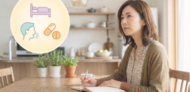 現在の咳の症状などについて、振り返りながらメモを取っている女性