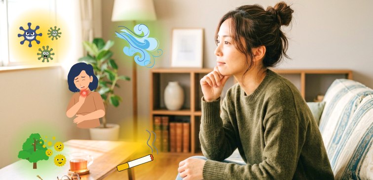 咳の原因や日常生活への影響を整理している女性