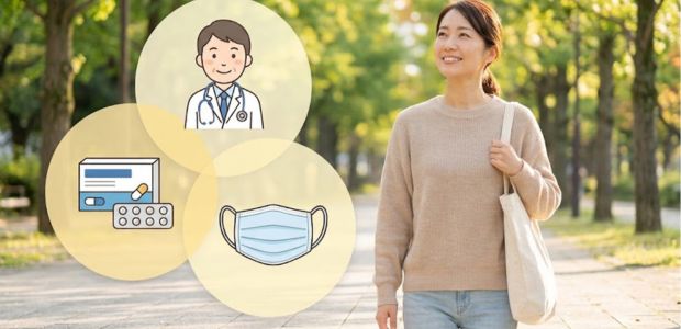 不安が解消され、晴れやかな表情で並木道を歩く女性